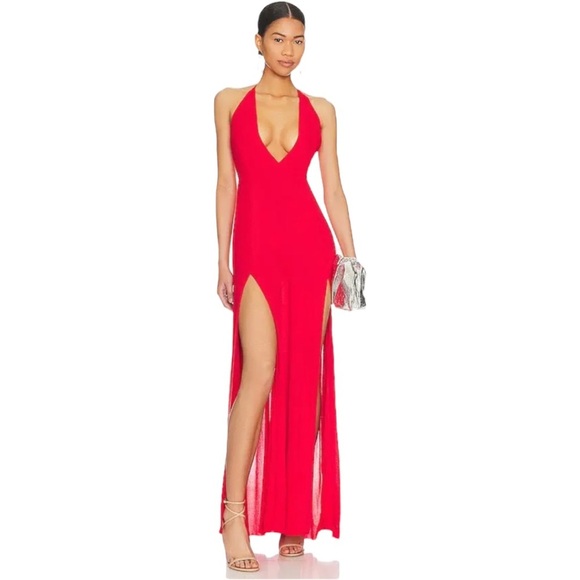 Superdown Red Halter Open Back Double Slit Maxi Long Dress NWOT Size Small - Picture 1 of 8